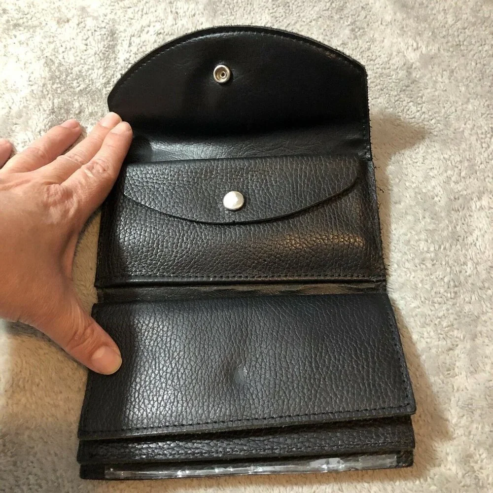 Vintage HARLEY DAVIDSON Biker Black Leather Large Trifold Wallet Embroidered